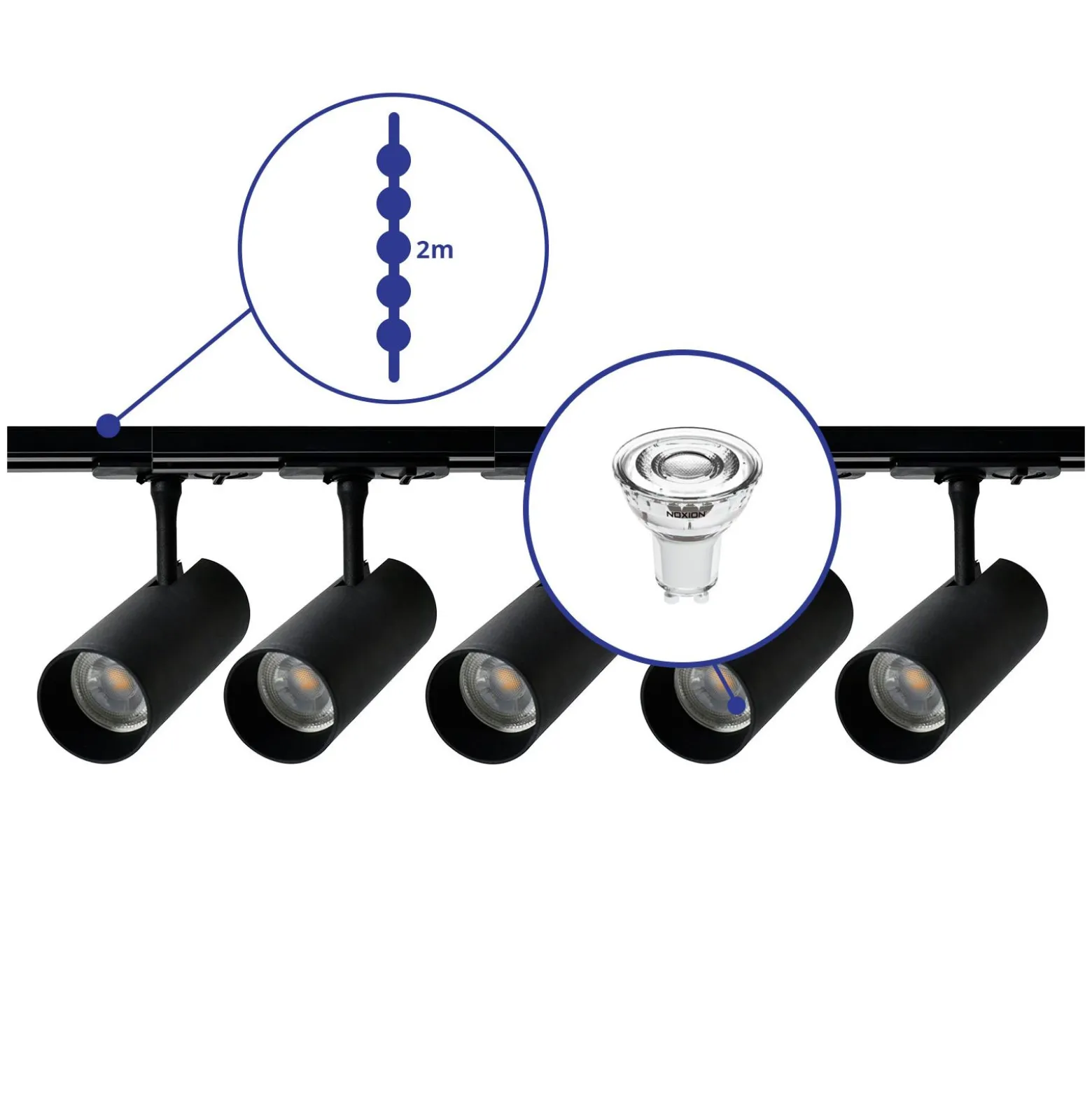 Bright Choice Komplett set 1-Fas Rail 2 Meter Svart | incl. 5x Spot + GU10 2700K 3W Dimbar + Ändkåpa, Strömkontakt och I-Anslutningsstycke