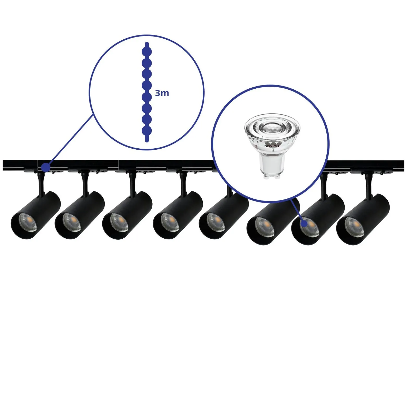 Bright Choice Komplett set 1-Fas Rail 3 Meter Svart | incl. 8x Spot + GU10 2700K 3W Dimbar + Ändkåpa, Strömkontakt och I-Anslutningsstycke