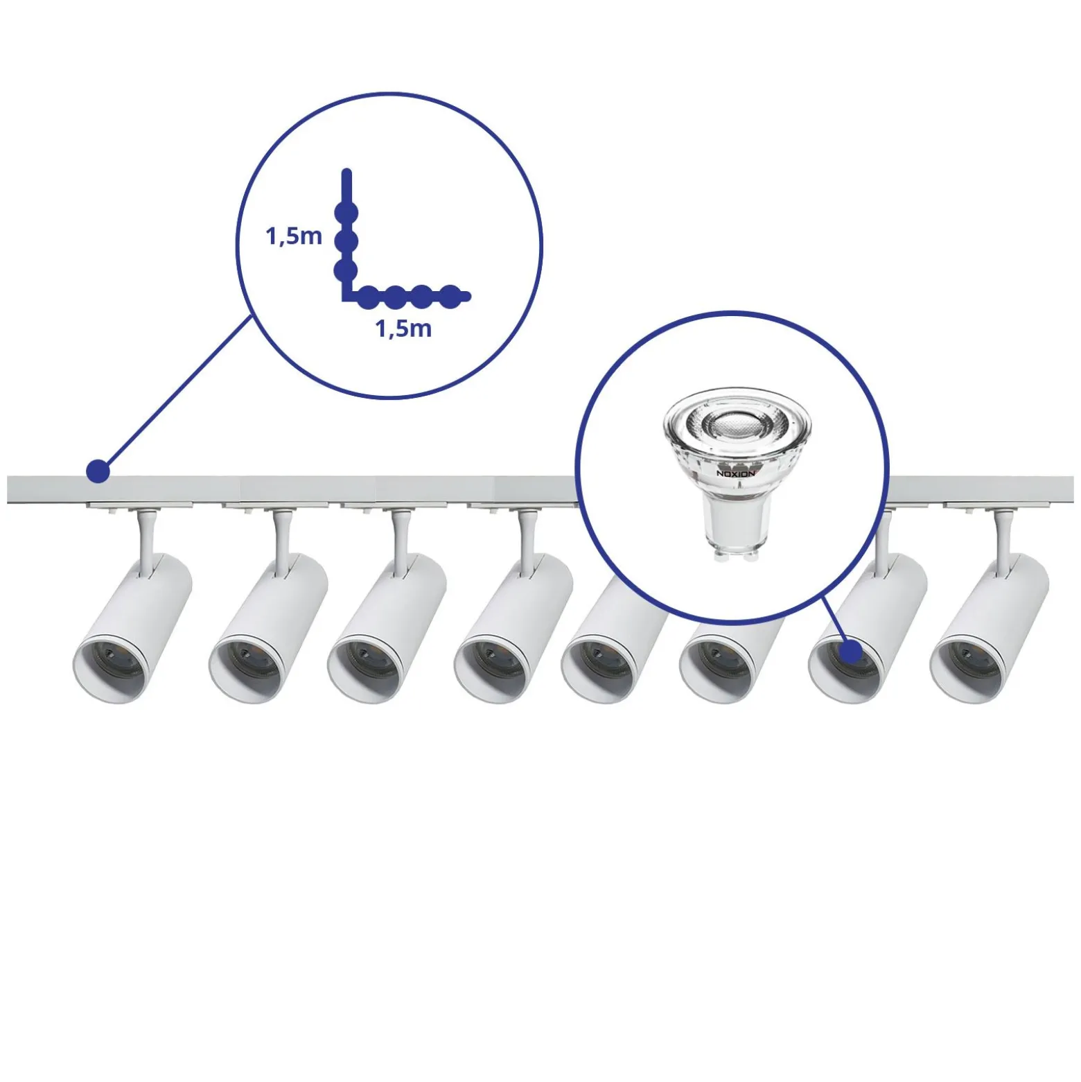 Bright Choice Komplett set 1-Fas Rail L 1,5 x 1,5 Meter Vit | incl. 8x Spot + GU10 2700K 3W Dimbar + Ändkåpa, Strömkontakt och L -Anslutningsstycke