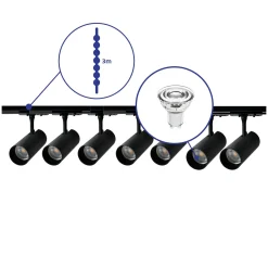 Bright Choice Komplett set 1-Fas Rail 3 Meter Svart | incl. 7x Spot + GU10 2700K 3W Dimbar + Ändkåpa, Strömkontakt och I-Anslutningsstycke