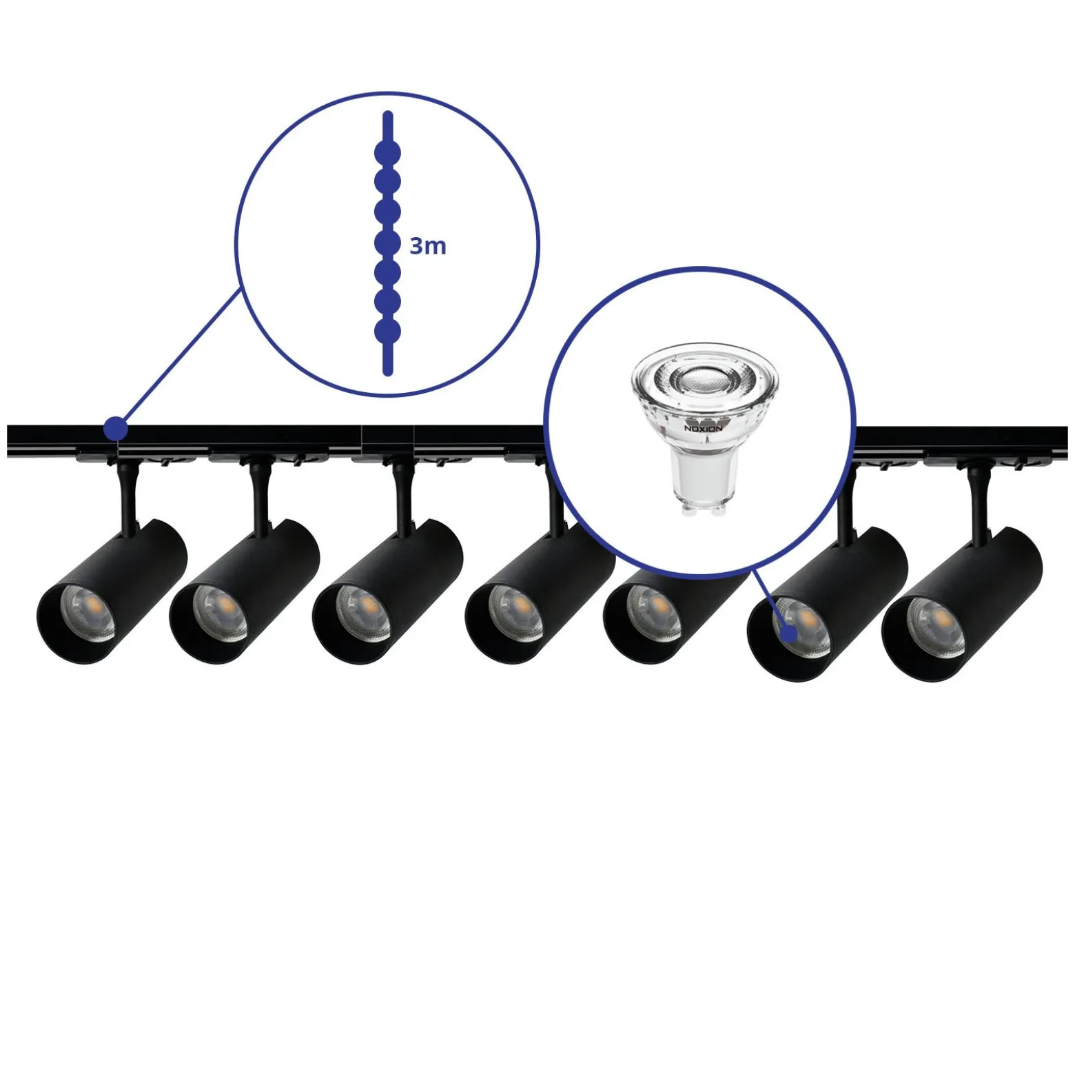 Bright Choice Komplett set 1-Fas Rail 3 Meter Svart | incl. 7x Spot + GU10 2700K 3W Dimbar + Ändkåpa, Strömkontakt och I-Anslutningsstycke