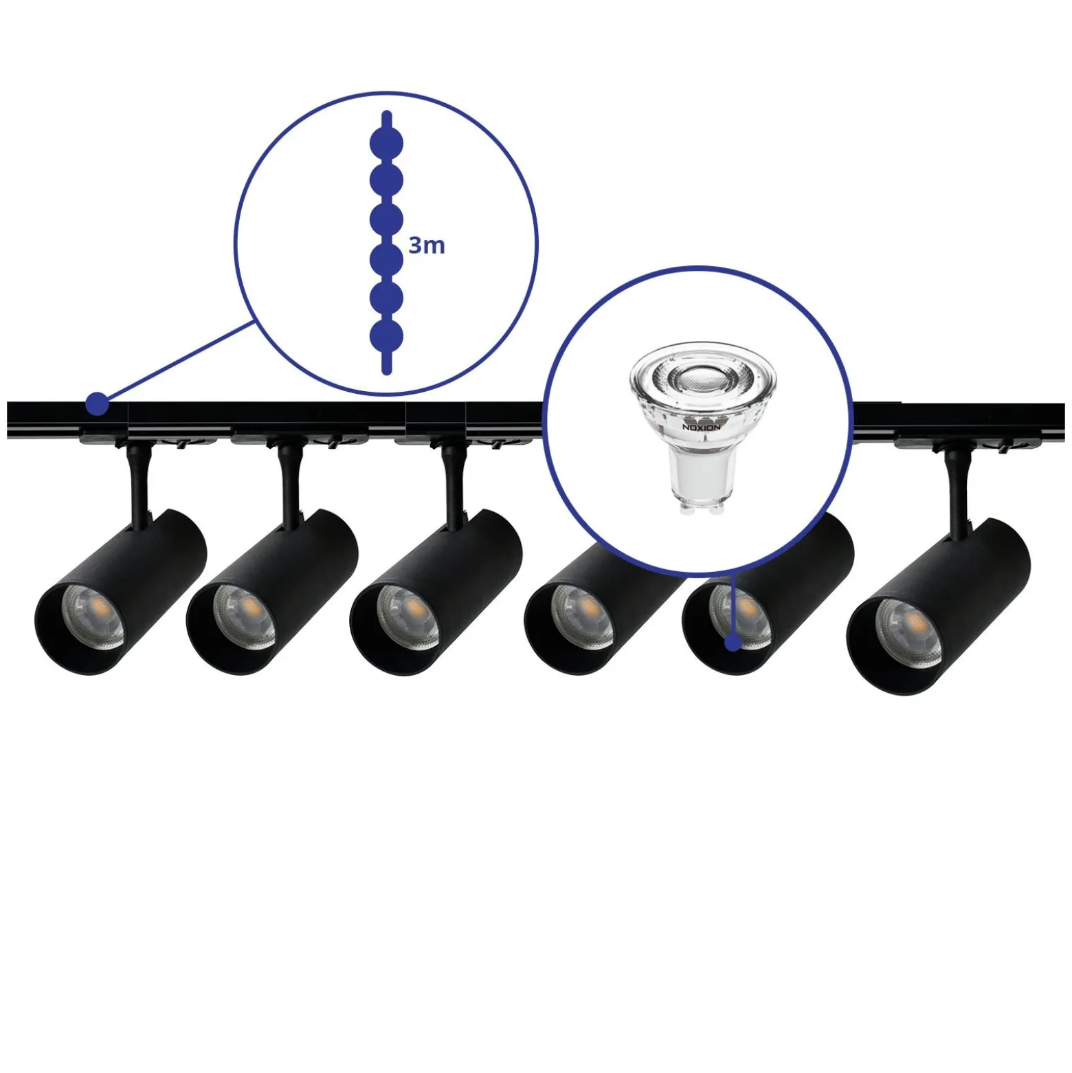 Bright Choice Komplett set 1-Fas Rail 3 Meter Svart | incl. 6x Spot + GU10 2700K 3W Dimbar + Ändkåpa, Strömkontakt och I-Anslutningsstycke