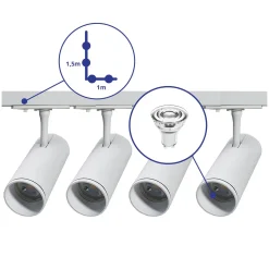 Bright Choice Komplett set 1-Fas Rail L 1 x 1,5 Meter Vit | incl. 4x Spot + GU10 2700K 3W Dimbar + Ändkåpa, Strömkontakt och L -Anslutningsstycke