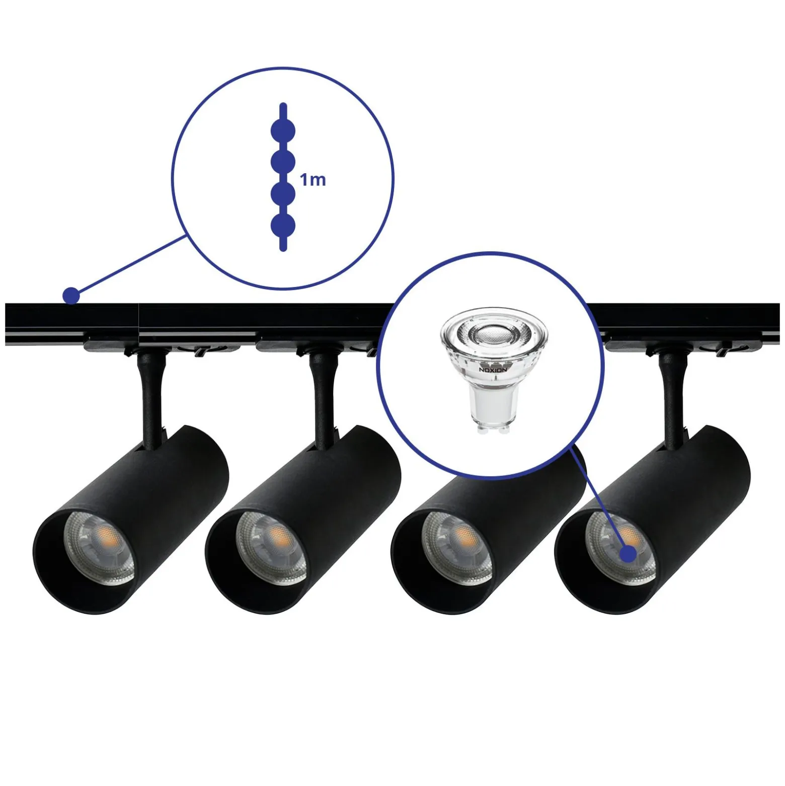 Bright Choice Komplett set 1-Fas Rail 1 Meter Svart | incl. 4x Spot + GU10 2700K 3W Dimbar + Ändkåpa, Strömkontakt