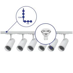 Bright Choice Komplett set 1-Fas Rail L 1 x 1,5 Meter Vit | incl. 6x Spot + GU10 2700K 3W Dimbar + Ändkåpa, Strömkontakt och L -Anslutningsstycke