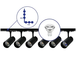 Bright Choice Komplett set 1-Fas Rail L 1 x 2 Meter Svart | incl. 6x Spot + GU10 2700K 3W Dimbar + Ändkåpa, Strömkontakt och L -Anslutningsstycke