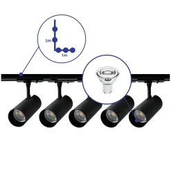 Bright Choice Komplett set 1-Fas Rail L 1 x 2 Meter Svart | incl. 5x Spot + GU10 2700K 3W Dimbar + Ändkåpa, Strömkontakt och L -Anslutningsstycke