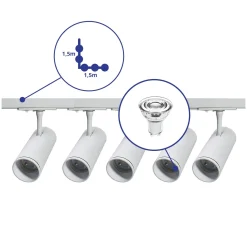 Bright Choice Komplett set 1-Fas Rail L 1,5 x 1,5 Meter Vit | incl. 5x Spot + GU10 2700K 3W Dimbar + Ändkåpa, Strömkontakt och L -Anslutningsstycke