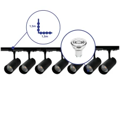 Bright Choice Komplett set 1-Fas Rail L 1,5 x 1,5 Meter Svart | incl. 7x Spot + GU10 2700K 3W Dimbar + Ändkåpa, Strömkontakt och L -Anslutningsstycke