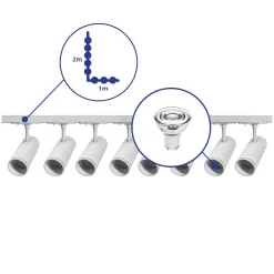 Bright Choice Komplett set 1-Fas Rail L 1 x 2 Meter Vit | incl. 8x Spot + GU10 2700K 3W Dimbar + Ändkåpa, Strömkontakt och L -Anslutningsstycke
