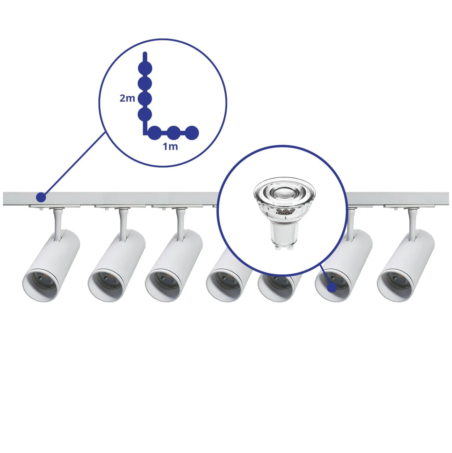 Bright Choice Komplett set 1-Fas Rail L 1 x 2 Meter Vit | incl. 7x Spot + GU10 2700K 3W Dimbar + Ändkåpa, Strömkontakt och L -Anslutningsstycke