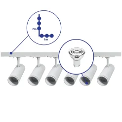 Bright Choice Komplett set 1-Fas Rail L 1 x 2 Meter Vit | incl. 6x Spot + GU10 2700K 3W Dimbar + Ändkåpa, Strömkontakt och L -Anslutningsstycke