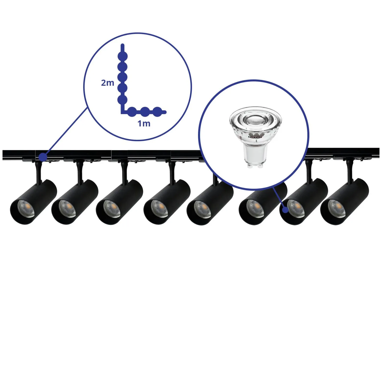 Bright Choice Komplett set 1-Fas Rail L 1 x 2 Meter Svart | incl. 8x Spot + GU10 2700K 3W Dimbar + Ändkåpa, Strömkontakt och L -Anslutningsstycke