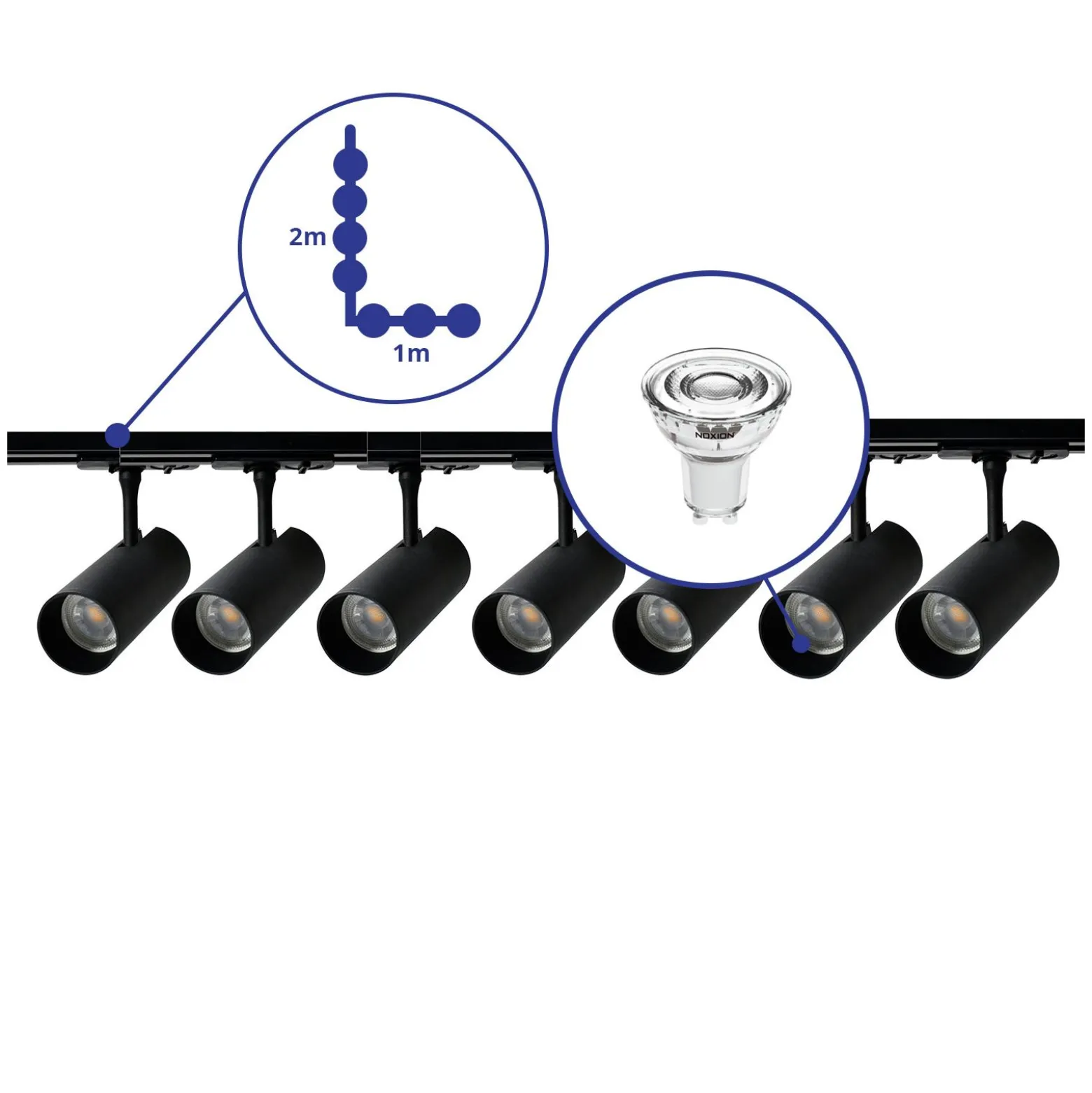 Bright Choice Komplett set 1-Fas Rail L 1 x 2 Meter Svart | incl. 7x Spot + GU10 2700K 3W Dimbar + Ändkåpa, Strömkontakt och L -Anslutningsstycke