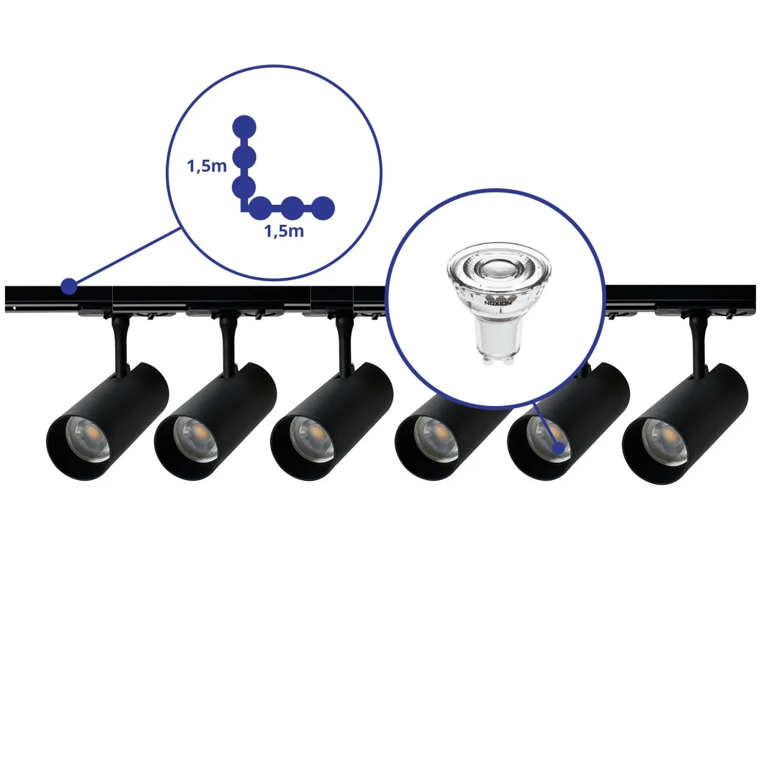 Bright Choice Komplett set 1-Fas Rail L 1,5 x 1,5 Meter Svart | incl. 6x Spot + GU10 2700K 3W Dimbar + Ändkåpa, Strömkontakt och L -Anslutningsstycke