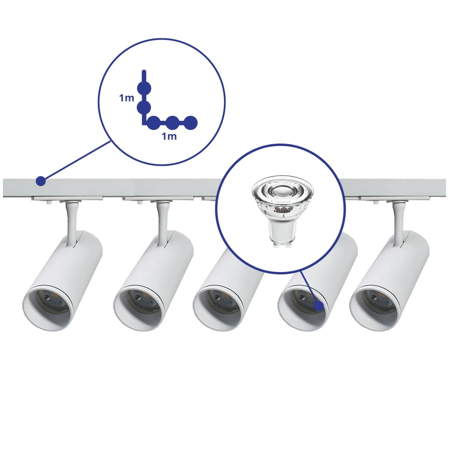 Bright Choice Komplett set 1-Fas Rail L 1 x 1 Meter Vit | incl. 5x Spot + GU10 2700K 3W Dimbar + 1 x 1 Meter Ändkåpa, Strömkontakt och L -Anslutningsstycke
