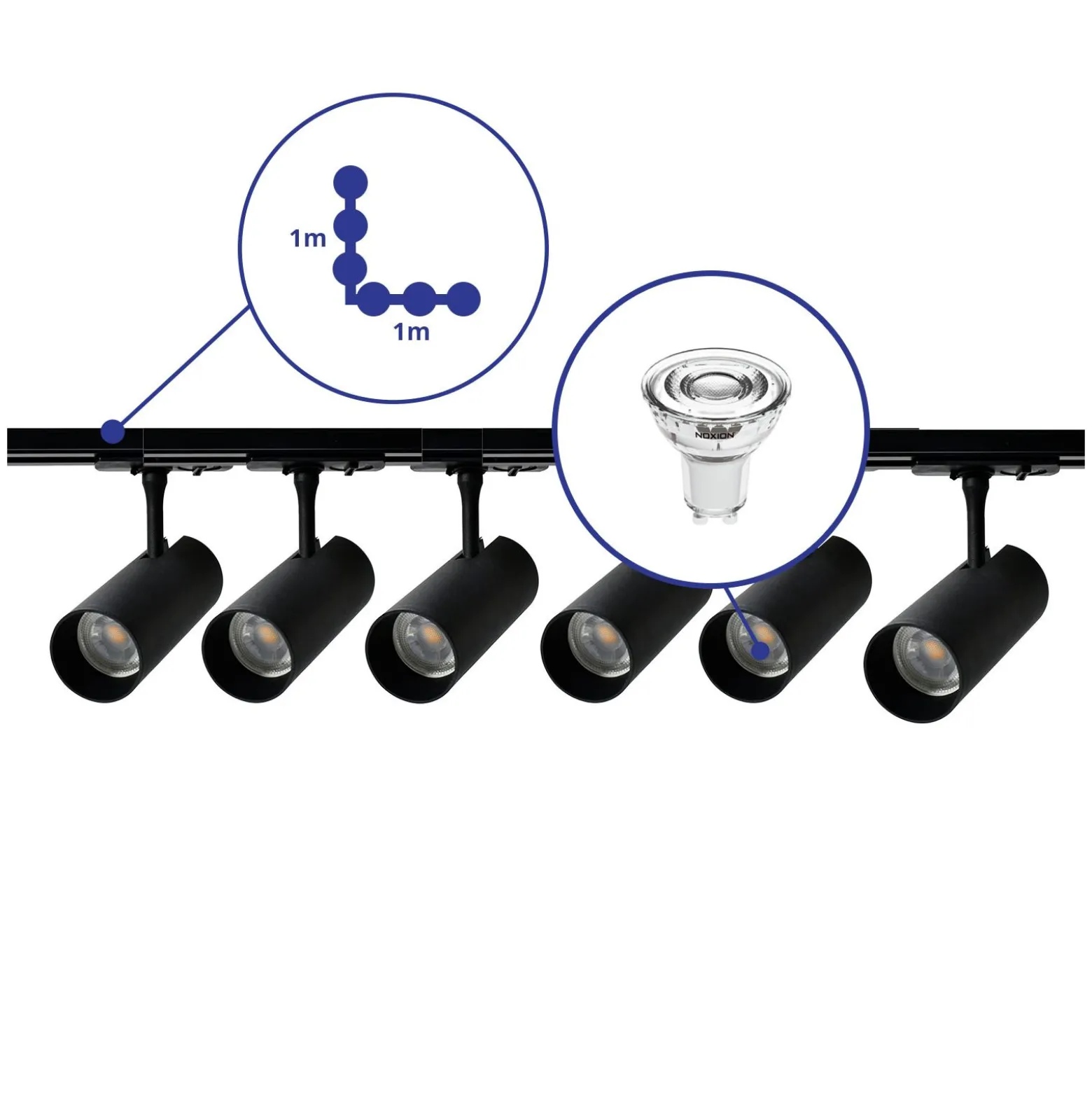 Bright Choice Komplett set 1-Fas Rail L 1 x 1 Meter Svart | incl. 6x Spot + GU10 2700K 3W Dimbar + Ändkåpa, Strömkontakt och L -Anslutningsstycke