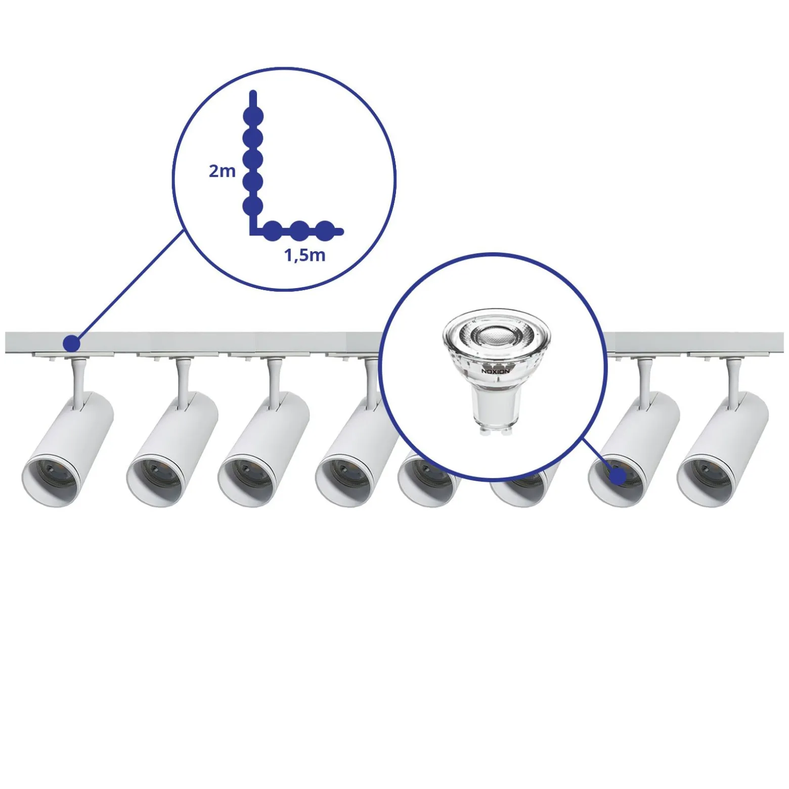 Bright Choice Komplett set 1-Fas Rail L 1,5 x 2 Meter Vit | incl. 8x Spot + GU10 2700K 3W Dimbar + Ändkåpa, Strömkontakt och L -Anslutningsstycke