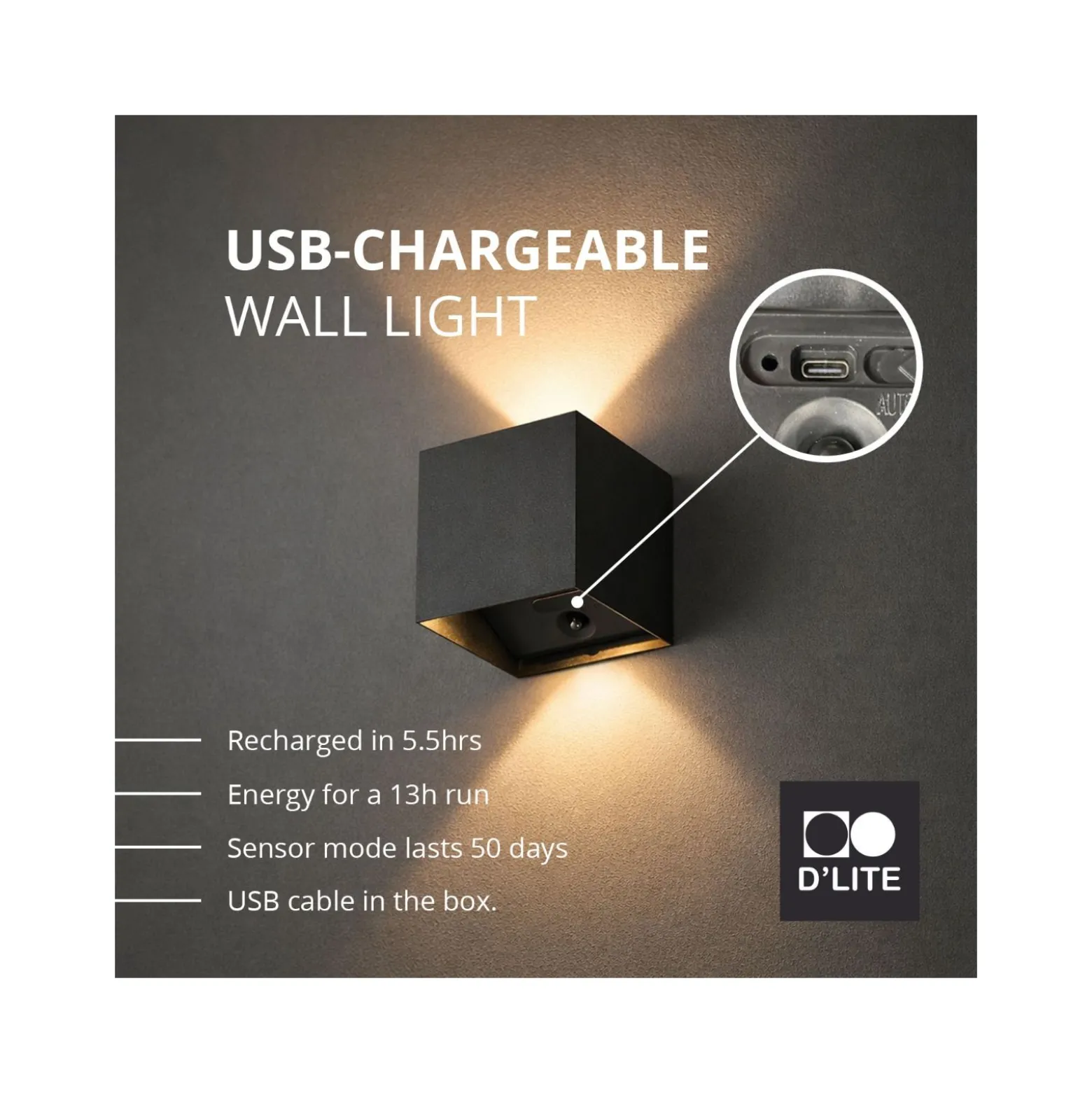 D'Lite Vägglampa Elingen Aluminium Svart Up & Down 2.9W 170lm - 830 Varm Vit | IP65 - Batteridriven - Ljussensor