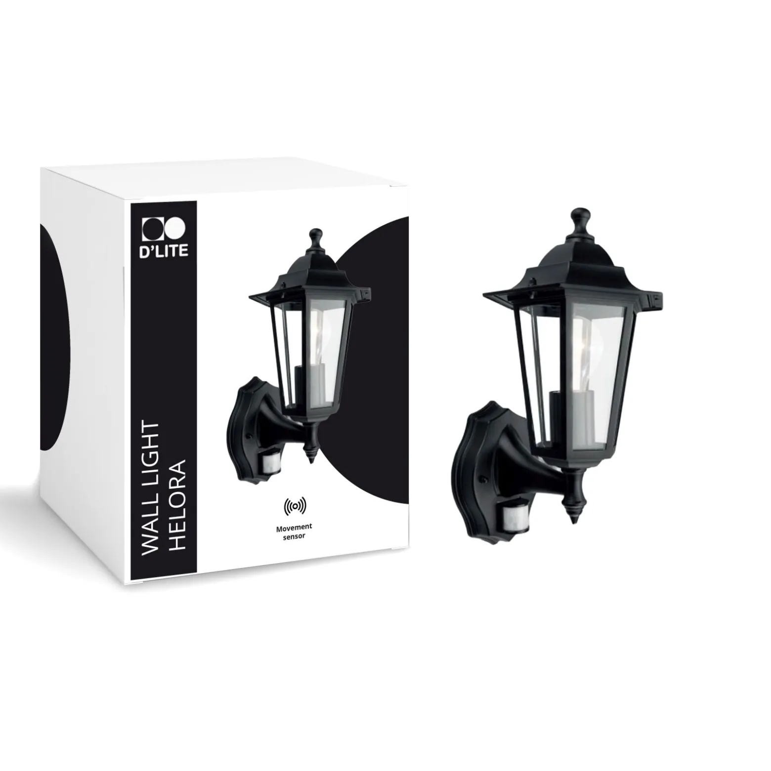 D'Lite Vägglampa Helora Svart | IP44 - Passande för 1x E27 - Rörelsesensor