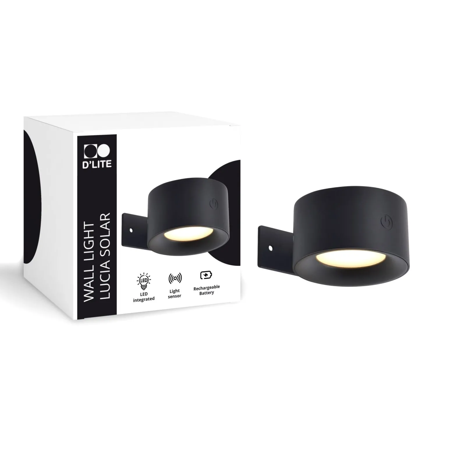 D'Lite Vägglampa Lucia Svart 1.5W - 830 Varm Vit | IP54 - Solar Batteri - Ljussensor