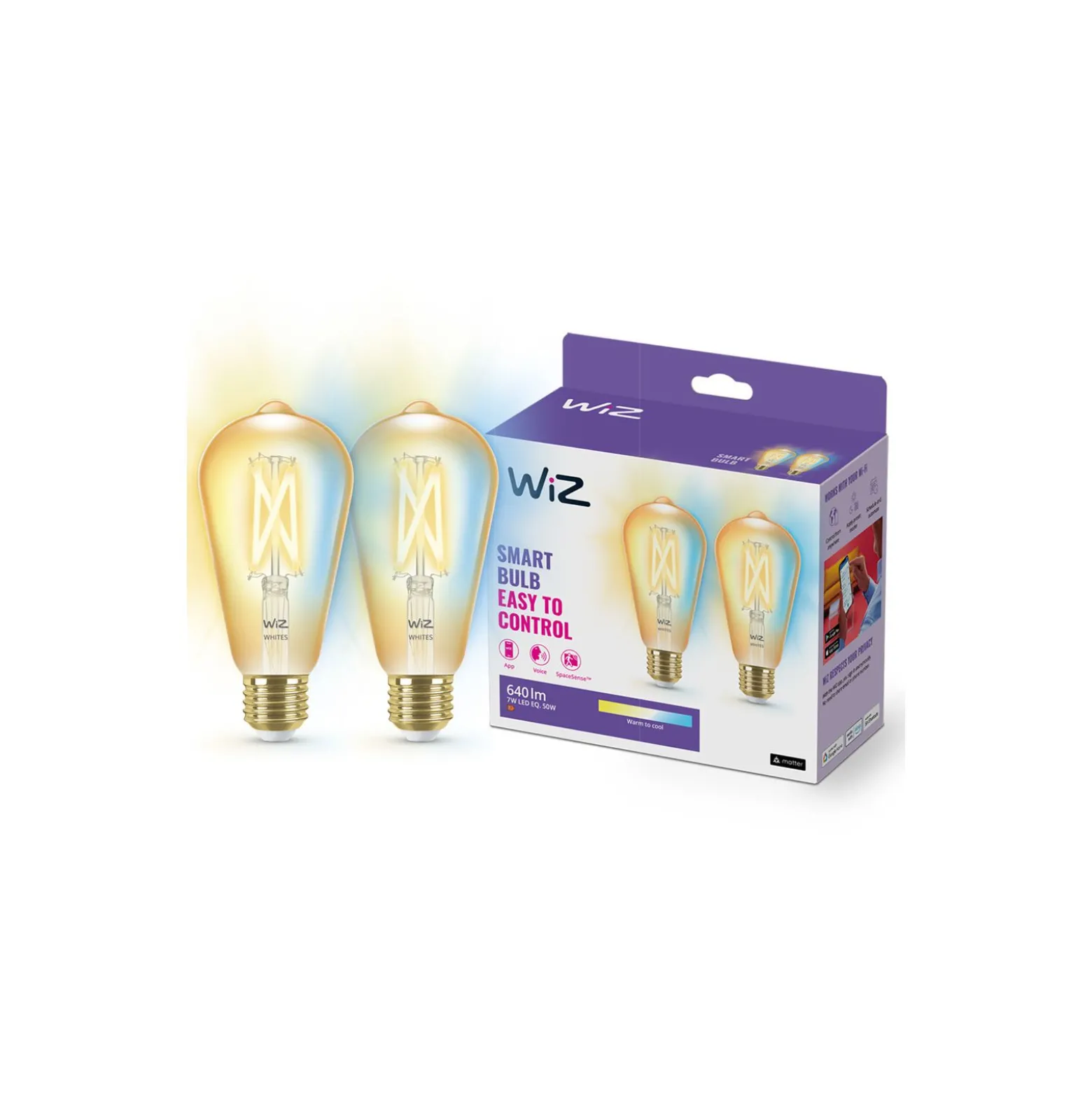 Dubbelpack 2x WiZ Smart LED E27 Edison Filament Guld 7W 640lm | Bästa Färgåtergivning - Dimbar - Ersättare 50W