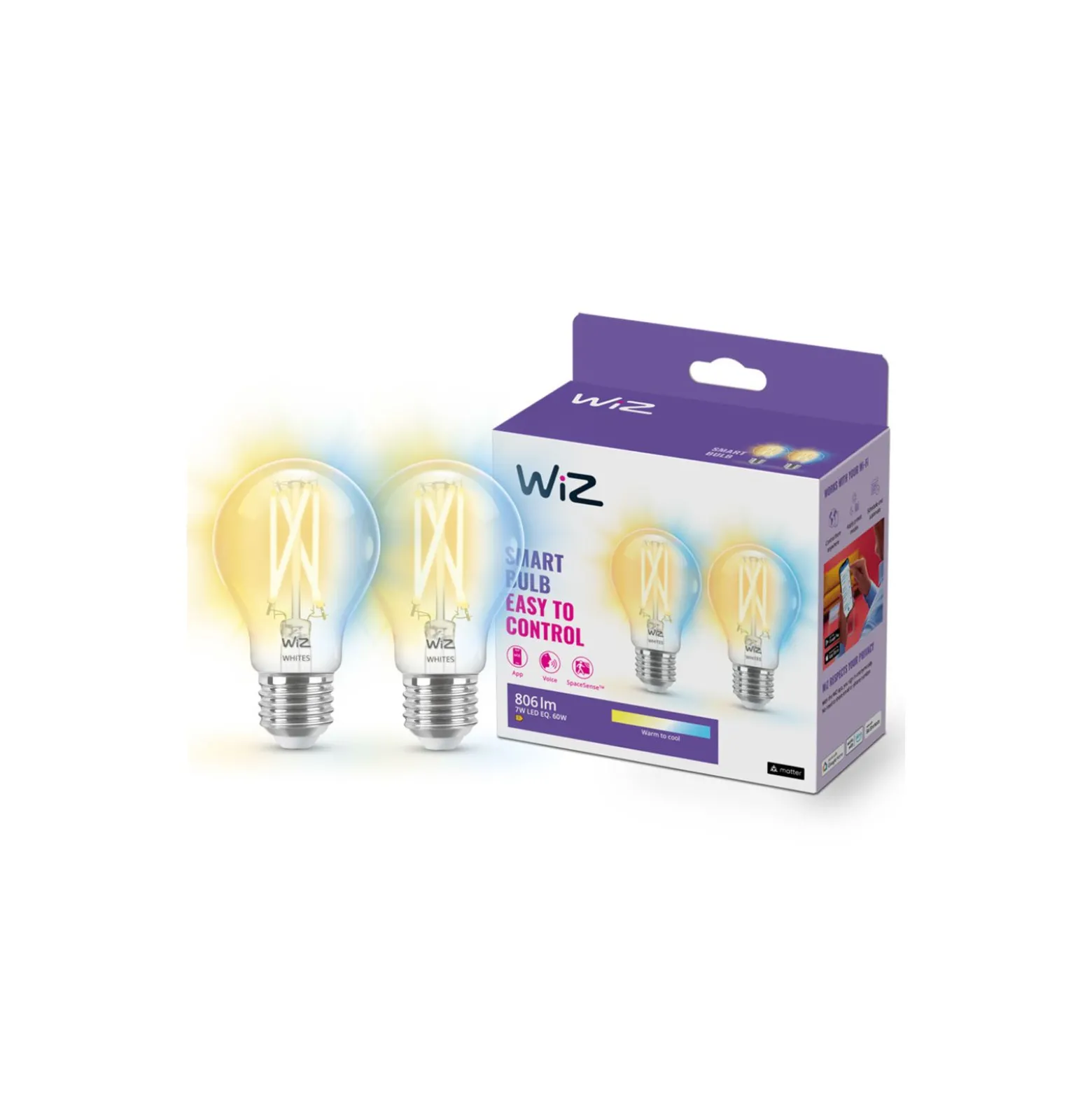 Dubbelpack 2x WiZ Smart LED E27 Päron Filament 7W 806lm | Bästa Färgåtergivning - Dimbar - Ersättare 60W