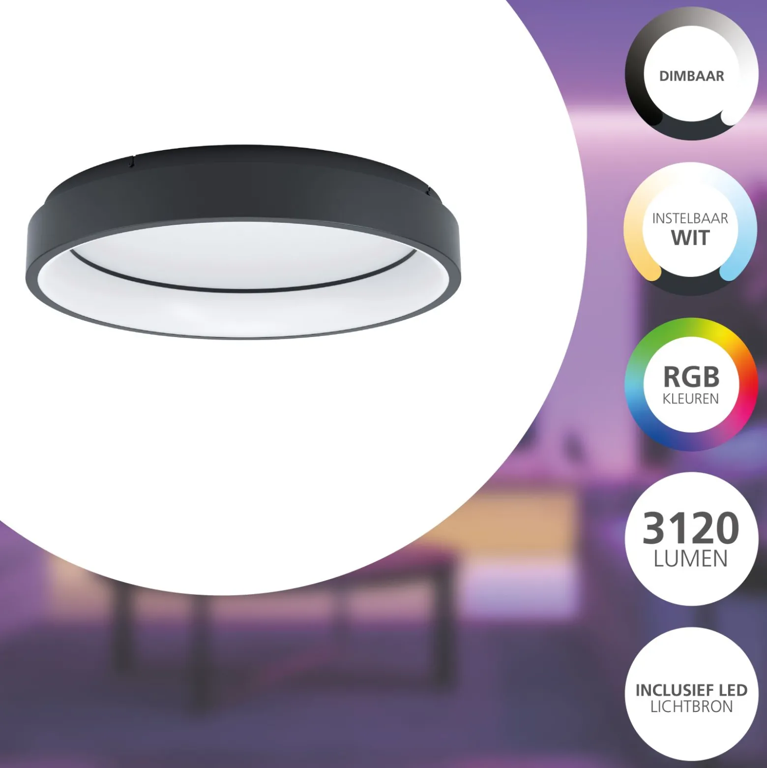 Eglo Connect.Z Smart Taklampa Marghera- Stål Svart 27.5W 3150lm - 827-865 Justerbar Vit | 600mm - Dimbar