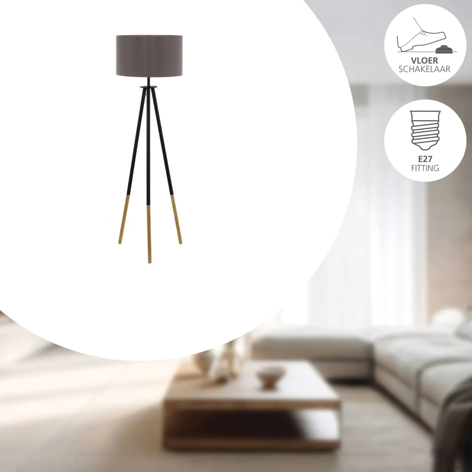 Eglo Golvlampa Bidford Trä Stål Brun Vit Aluminium | Passande För 1x E27