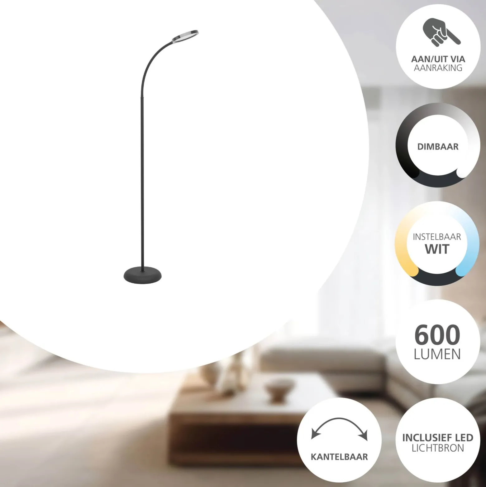 Eglo Golvlampa Lauro Plast Svart 55W 600lm - 827-865 Justerbar Vit | Dimbar