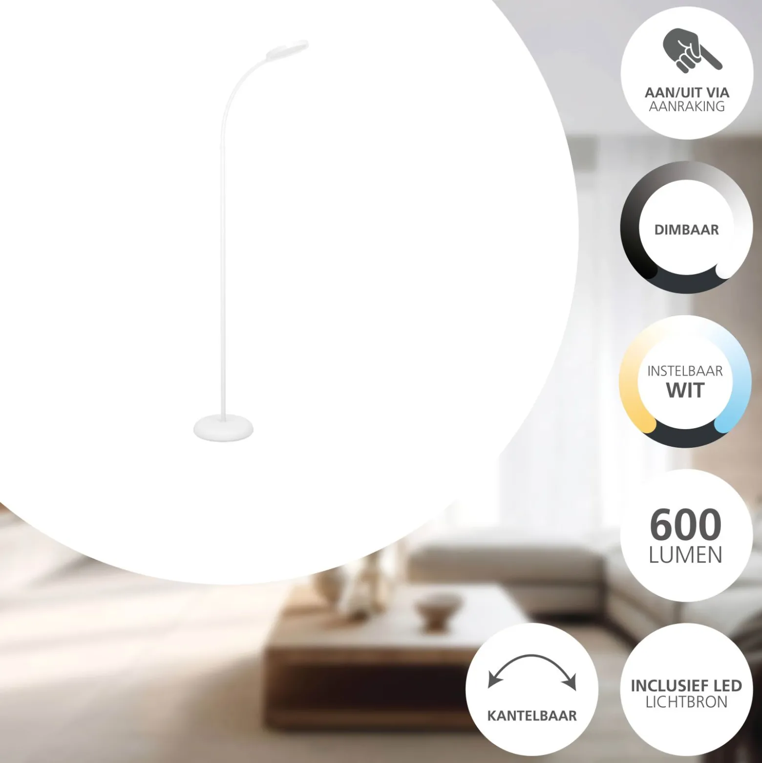 Eglo Golvlampa Lauro Plast Vit 55W 600lm - 827-865 Justerbar Vit | Dimbar