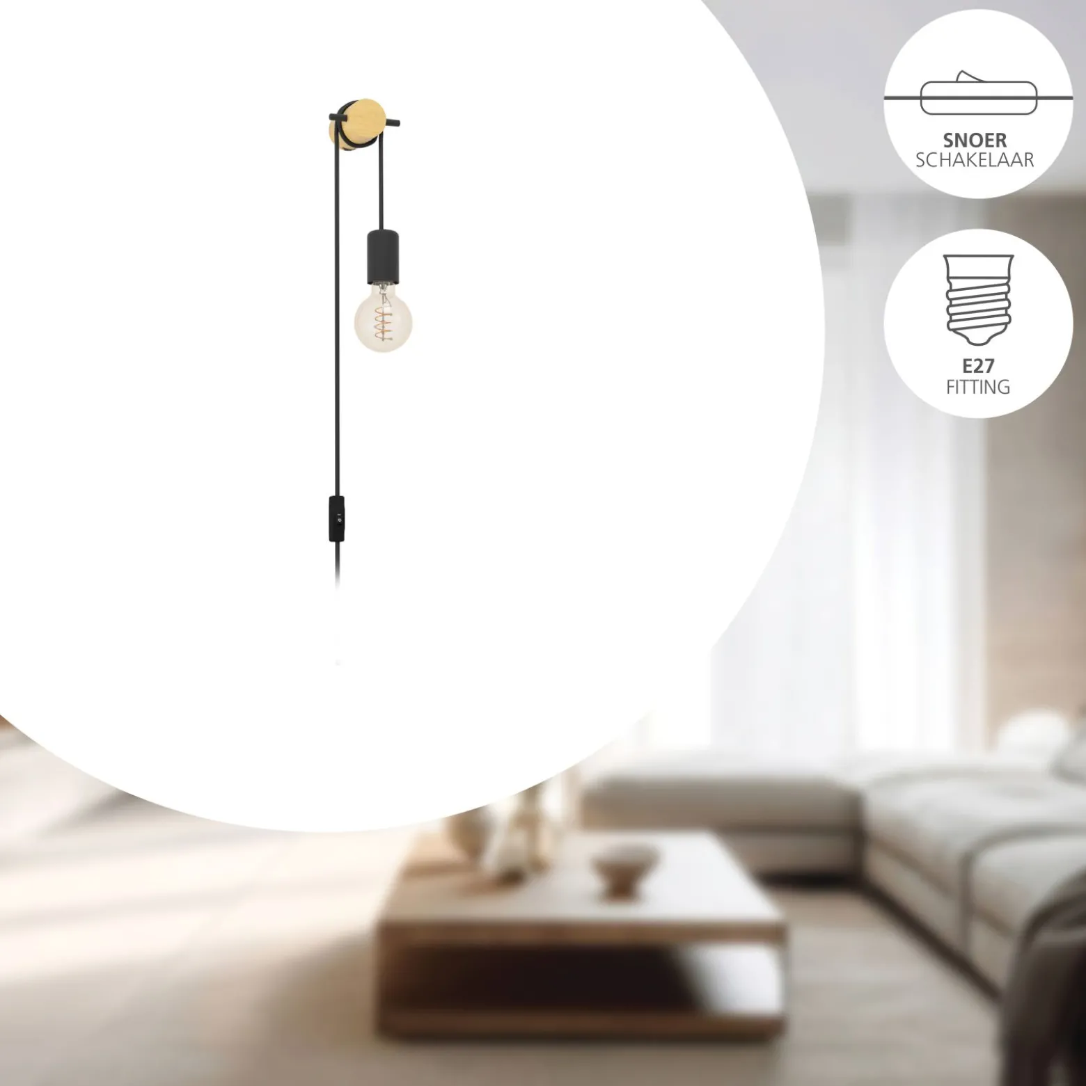 Eglo Vägglampa Buddon Trä Stål Brun Svart | Passande För 1x E27