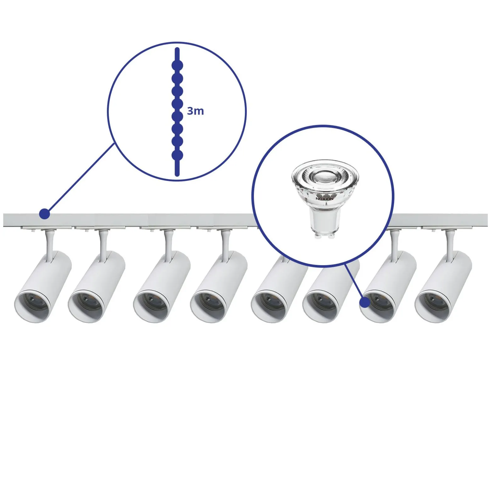 Komplett set 1-Fas Rail 3 Meter Vit | incl. 8x Spot + GU10 2700K 3W Dimbar + Ändkåpa, Strömkontakt och I-Anslutningsstycke