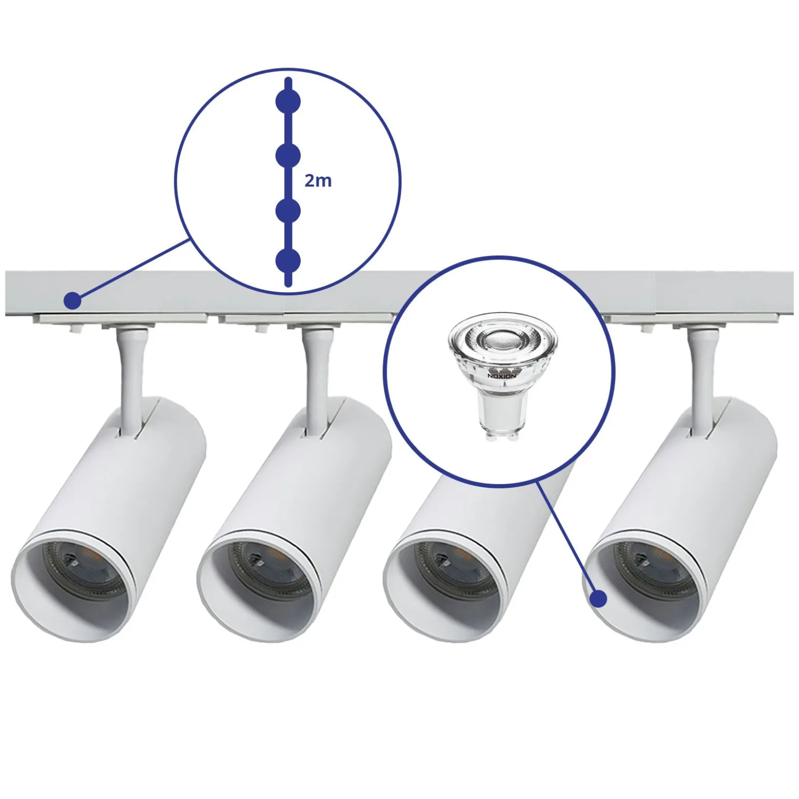 Komplett set 1-Fas Rail 2 Meter Vit | incl. 4x Spot + GU10 2700K 3W Dimbar + Ändkåpa, Strömkontakt och I-Anslutningsstycke