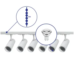 Komplett set 1-Fas Rail 3 Meter Vit | incl. 6x Spot + GU10 2700K 3W Dimbar + Ändkåpa, Strömkontakt och I-Anslutningsstycke