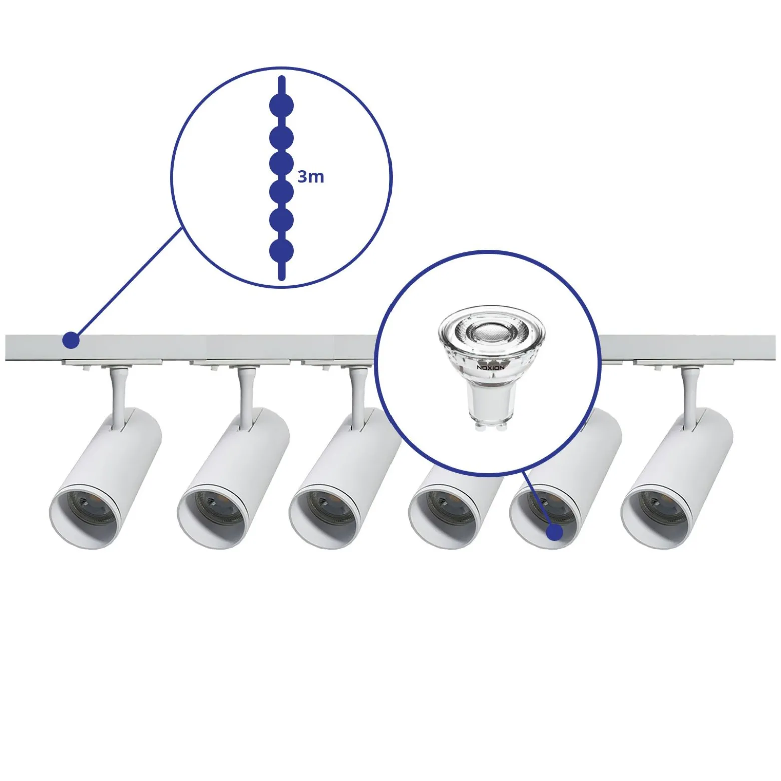 Komplett set 1-Fas Rail 3 Meter Vit | incl. 6x Spot + GU10 2700K 3W Dimbar + Ändkåpa, Strömkontakt och I-Anslutningsstycke