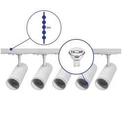 Komplett set 1-Fas Rail 2 Meter Vit | incl. 5x Spot + GU10 2700K 3W Dimbar + Ändkåpa, Strömkontakt och I-Anslutningsstycke