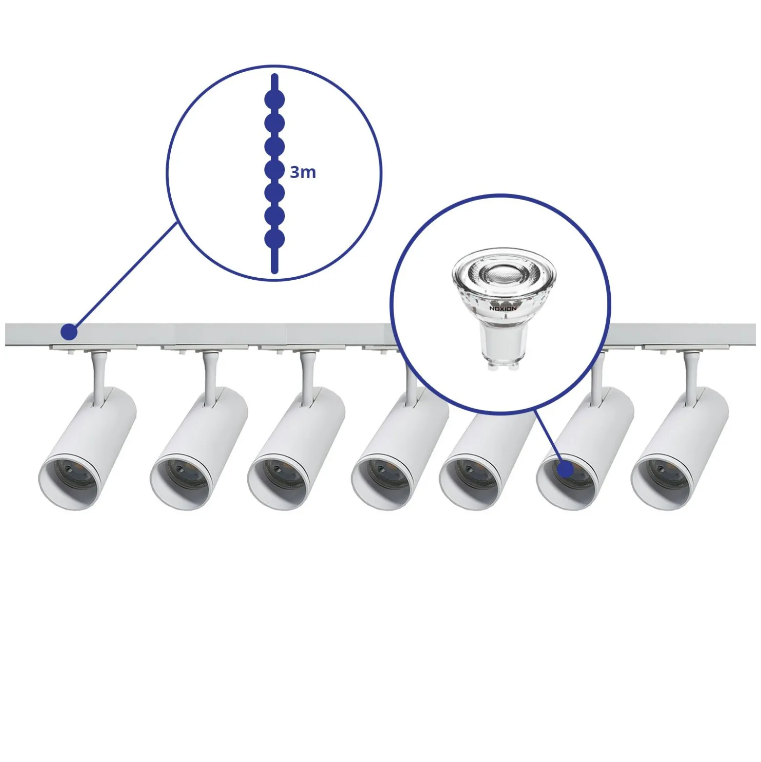Komplett set 1-Fas Rail 3 Meter Vit | incl. 7x Spot + GU10 2700K 3W Dimbar + Ändkåpa, Strömkontakt och I-Anslutningsstycke