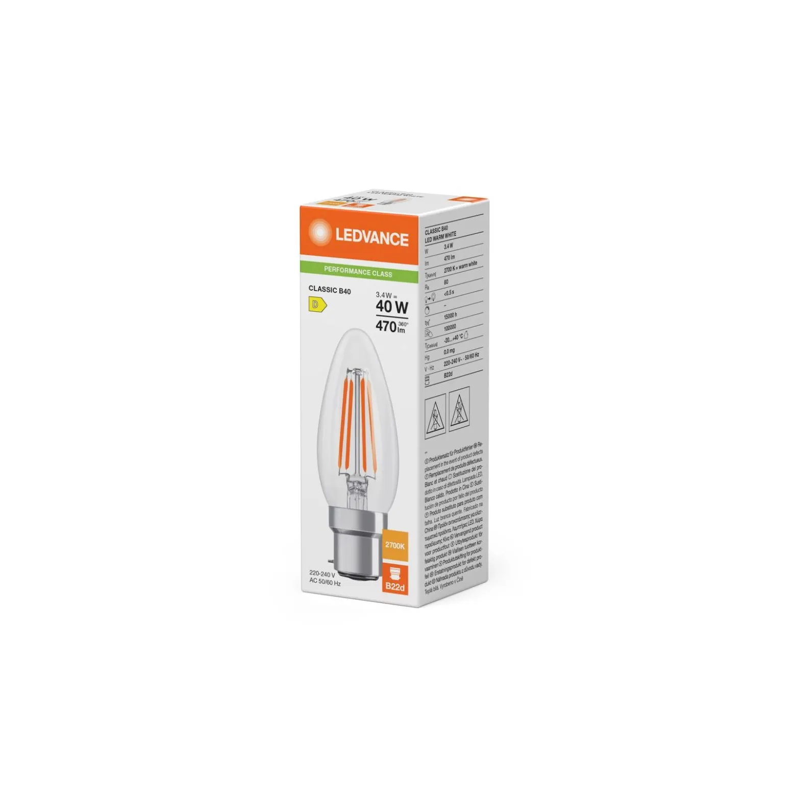 Ledvance Classic LED B22 Kronljus Filament Klar 3.4W 470lm - 827 Extra Varm Vit | Ersättare 40W