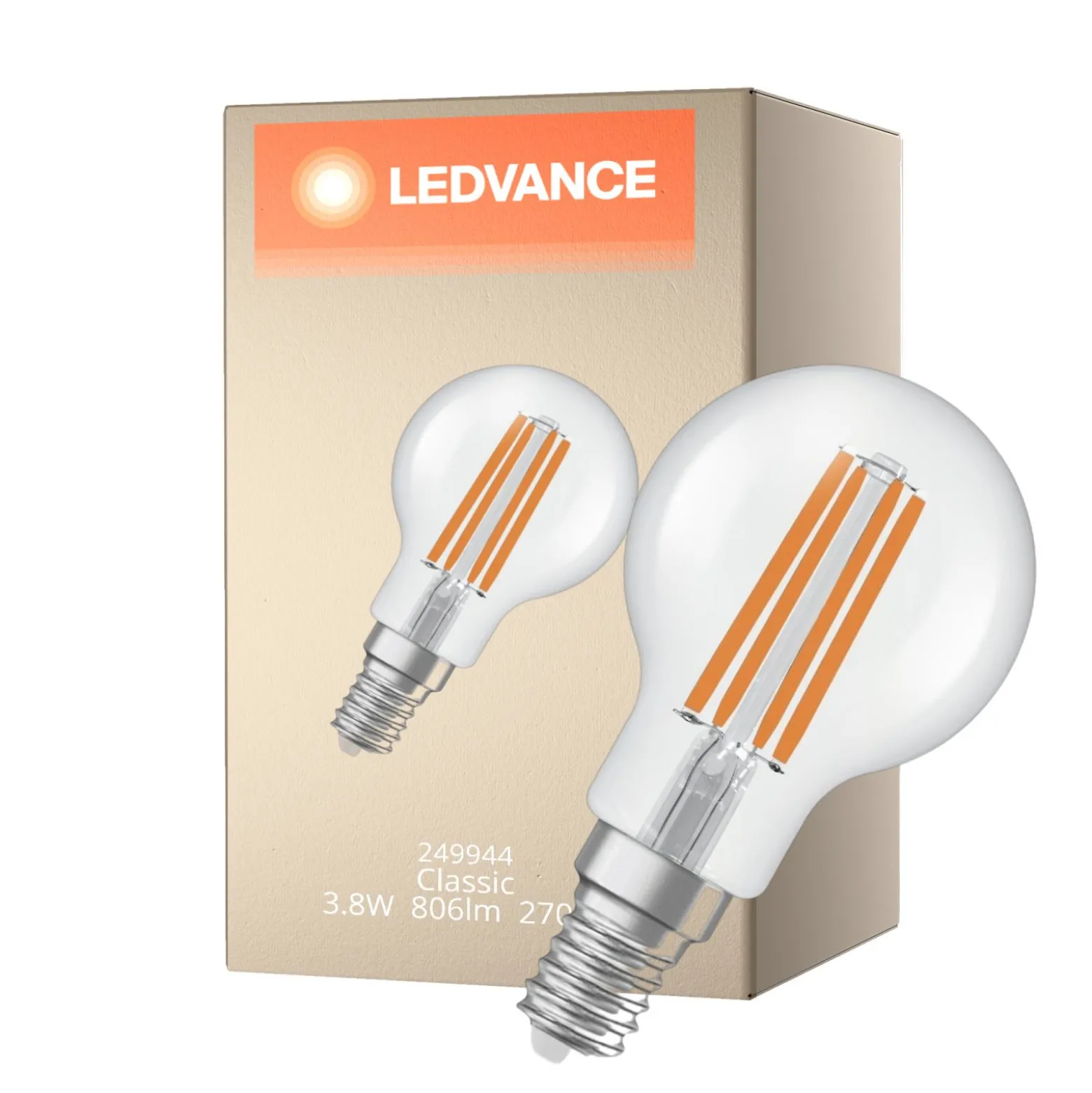 Ledvance Classic LED E14 Boll Filament Klar 3.8W 806lm - 827 Extra Varm Vit | Ersättare 60W