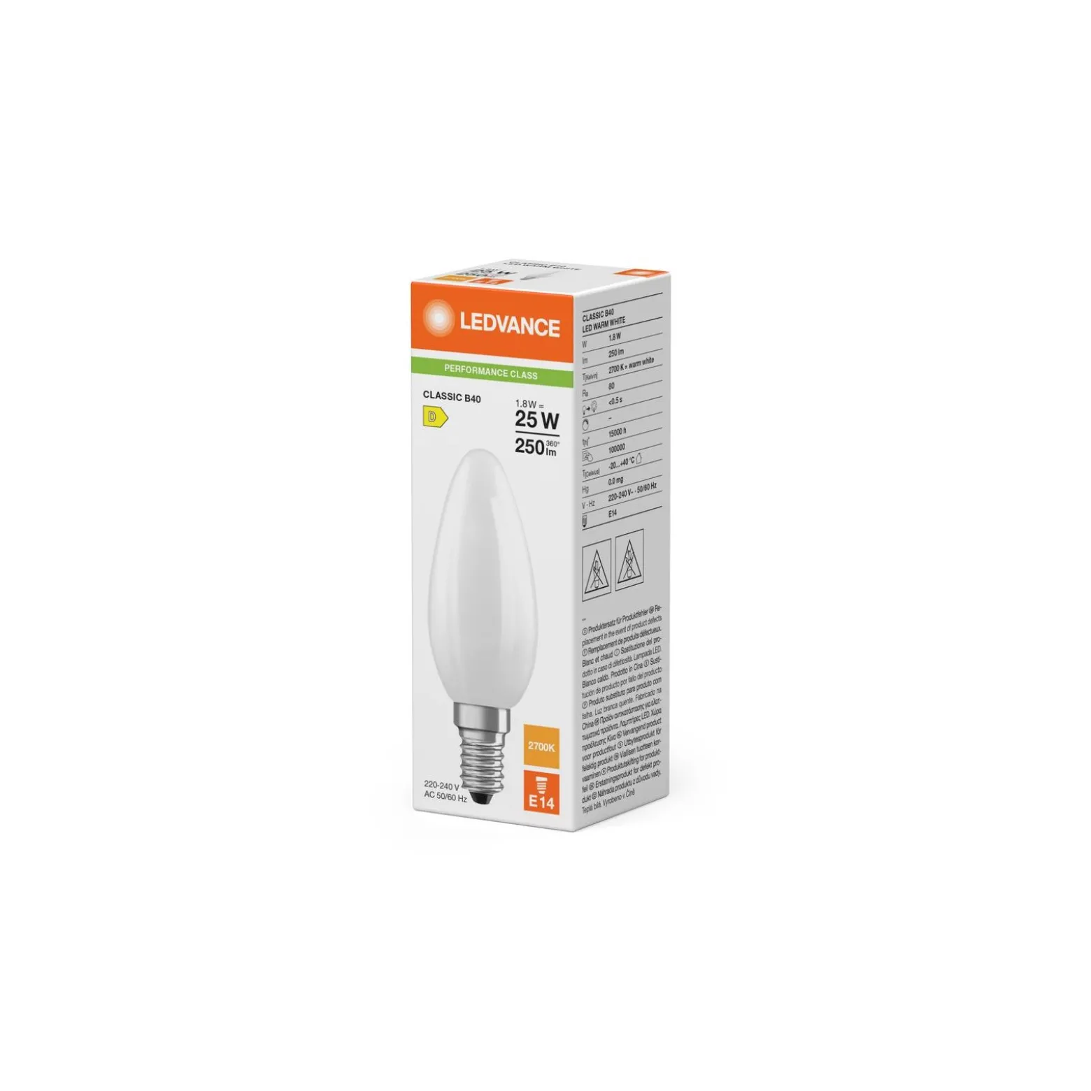 Ledvance Classic LED E14 Kronljus Matt 1.8W 250lm - 827 Extra Varm Vit | Ersättare 25W