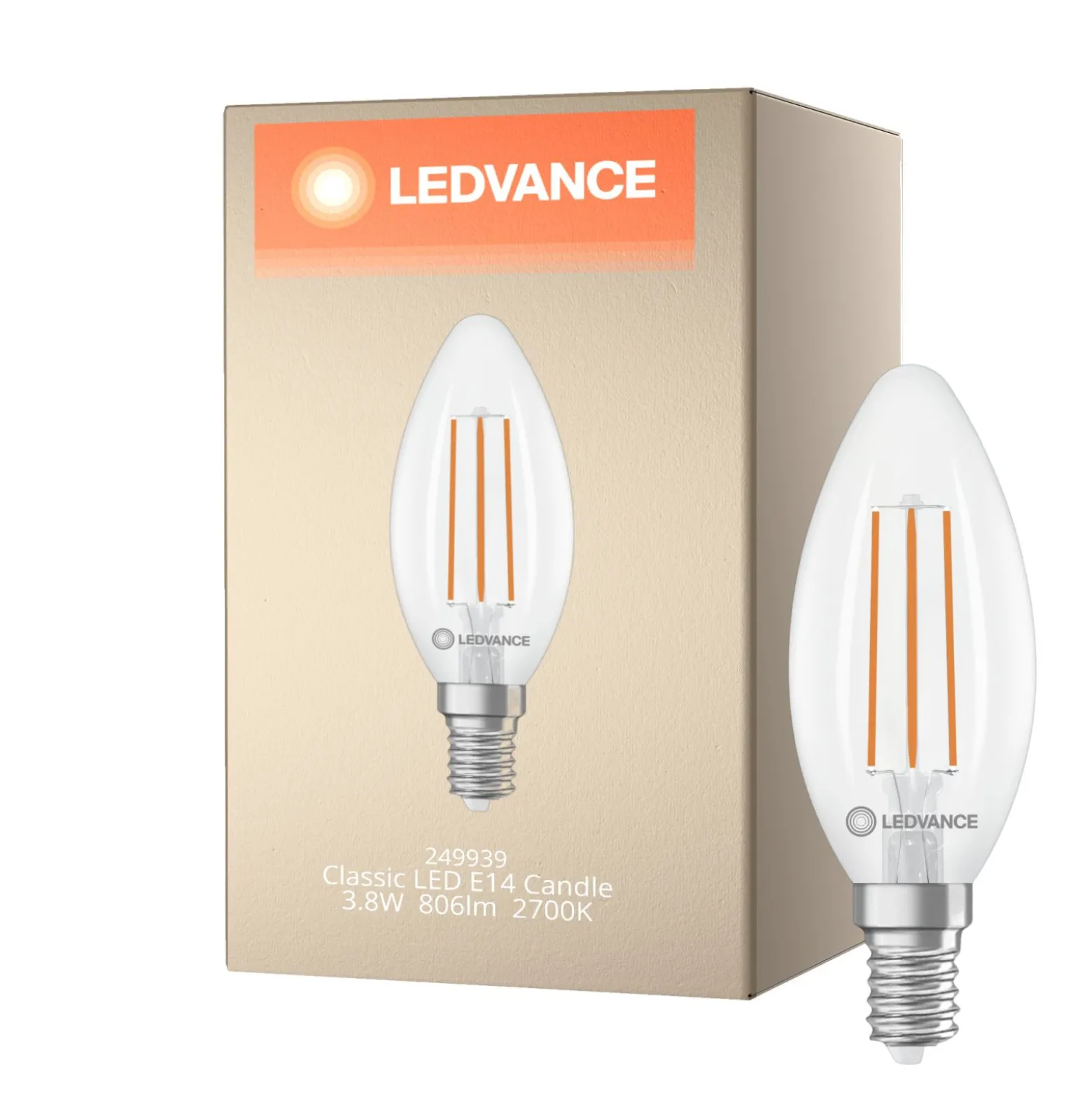 Ledvance Classic LED E14 Kronljus Filament Klar 3.8W 806lm - 827 Extra Varm Vit | Ersättare 60W