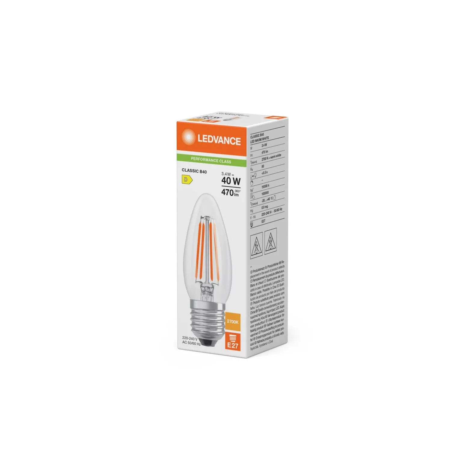 Ledvance Classic LED E27 Kronljus Filament Klar 3.4W 470lm - 827 Extra Varm Vit | Ersättare 40W