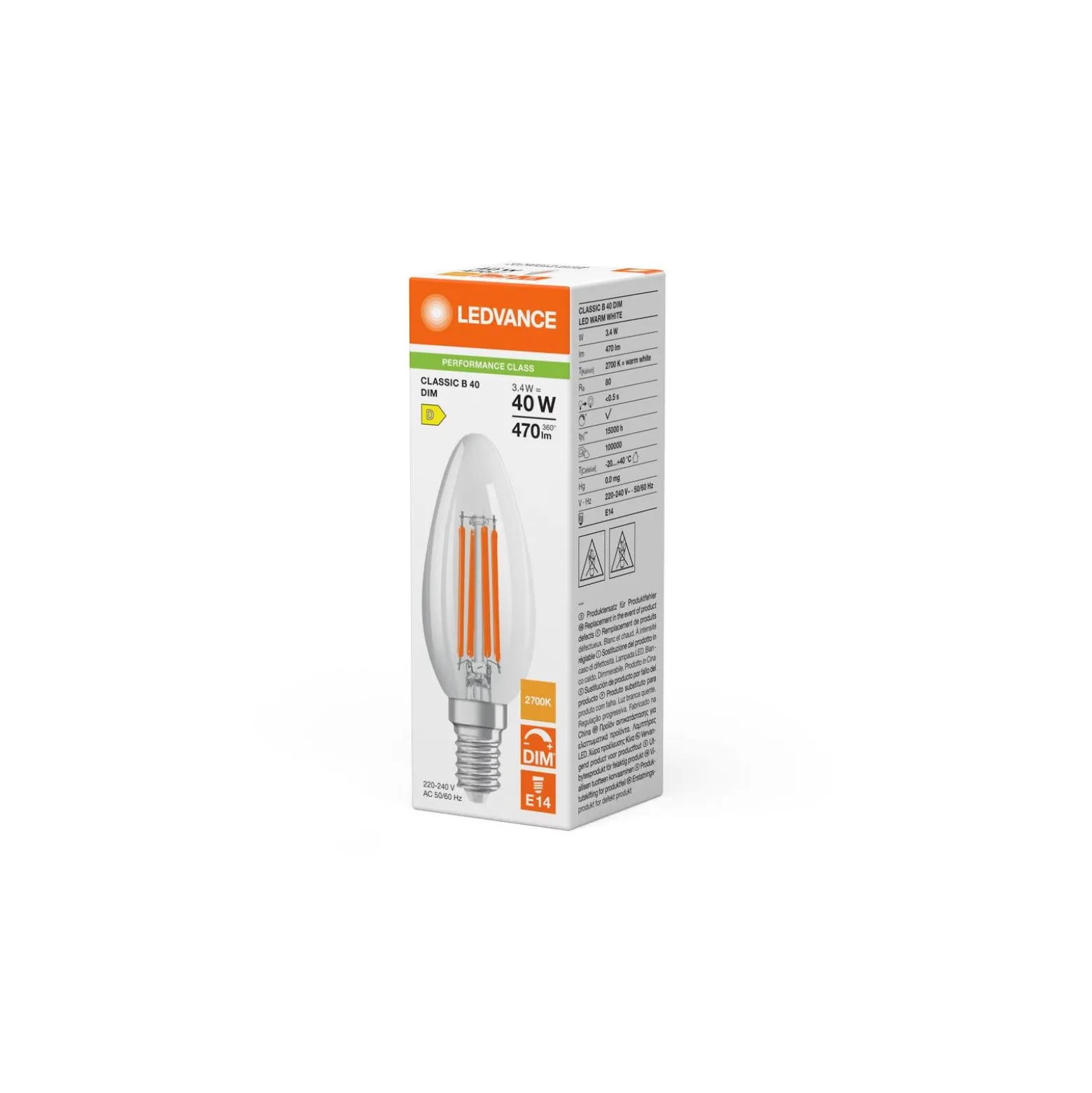 Ledvance Classic LED E14 Kronljus Filament Klar 3.4W 470lm - 827 Extra Varm Vit | Dimbar - Ersättare 40W