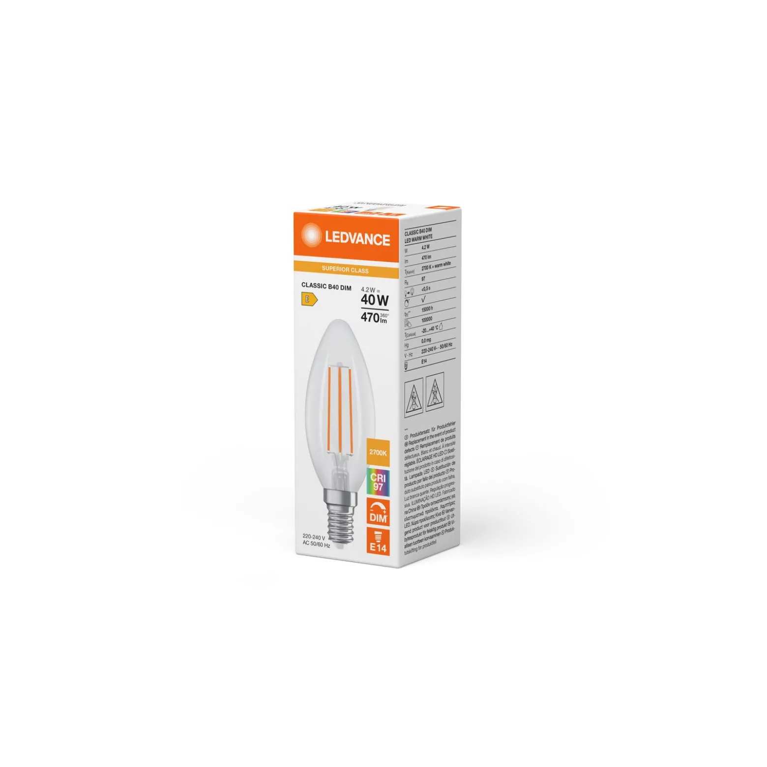 Ledvance Classic LED E14 Kronljus Filament Klar 4.2W 470lm - 927 Extra Varm Vit | Bästa färgåtergivning - Dimbar - Ersättare 40W