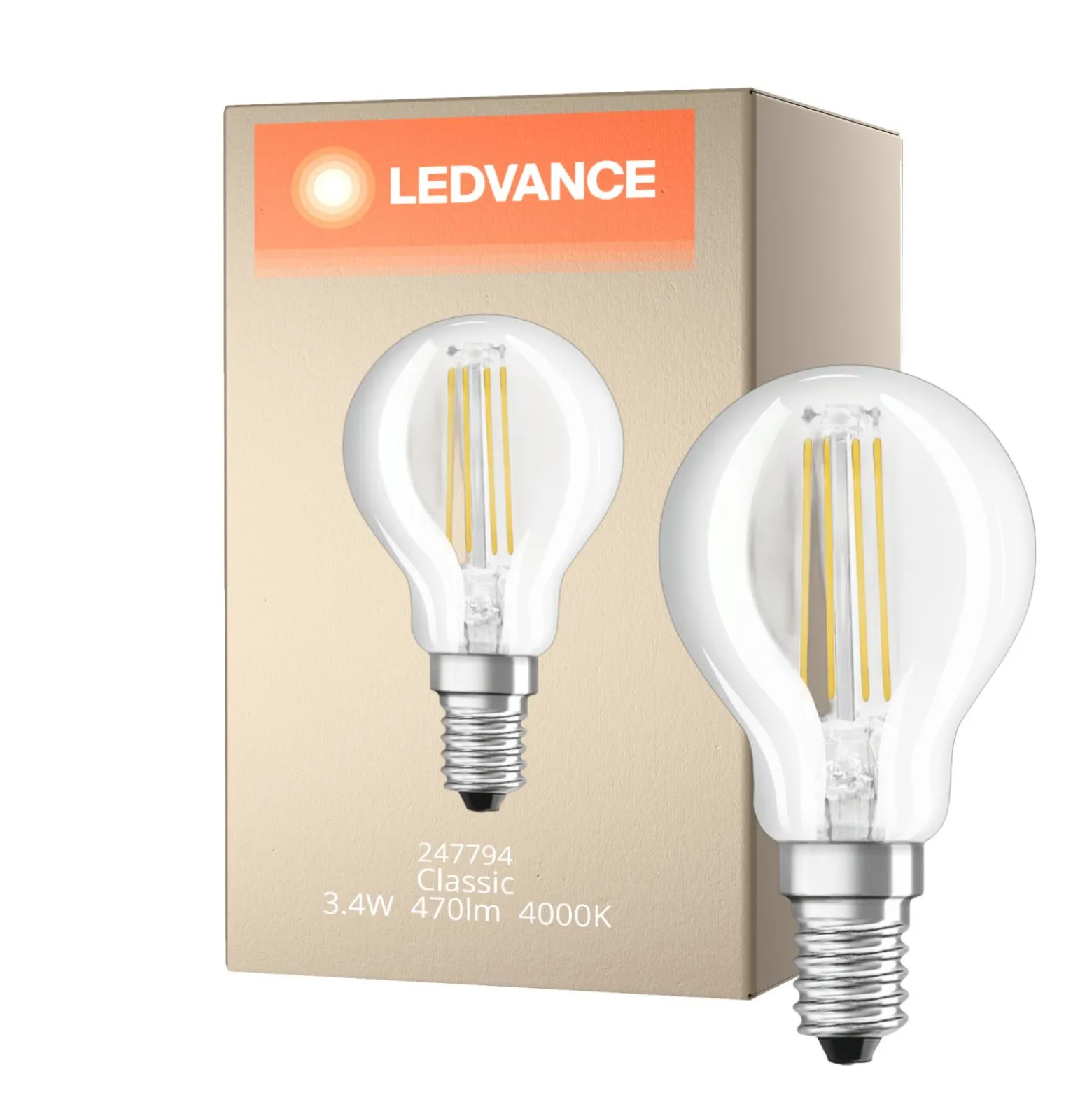 Ledvance Classic LED E14 Päron Filament Klar 3.4W 470lm - 940 Cool white | Bästa färgåtergivning - Dimbar - Ersättare 40W