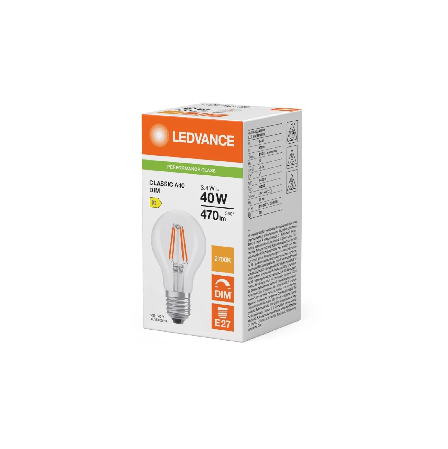 Ledvance Classic LED E27 Päron Filament Klar 3.4W 470lm - 827 Extra Varm Vit | Dimbar - Ersättare 40W