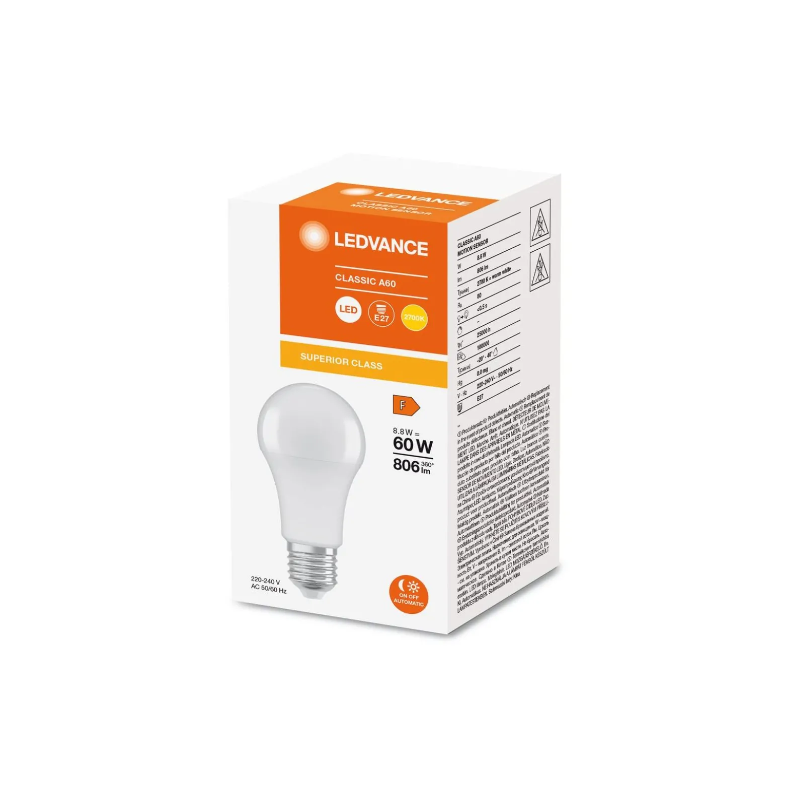 Ledvance Classic LED E27 Päron Matt 8.8W 806lm - 827 Extra Varm Vit | Rörelse- Och Ljussensor - Ersättare 60W