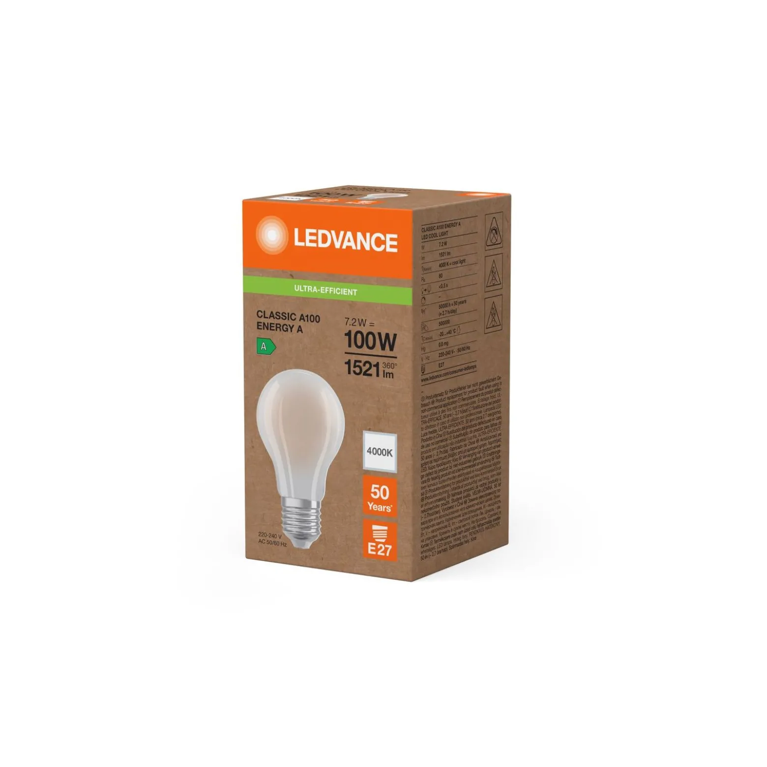 Ledvance Classic LED E27 Päron Matt 7.2W 1521lm - 840 Kallvit| Ersättare 100W
