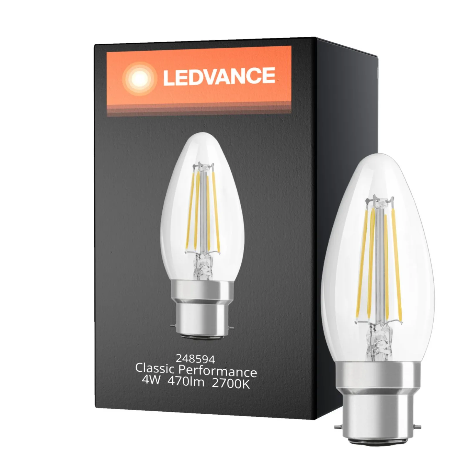 Ledvance Classic Performance LED Lampa B22d Kronljus Filament Klar 4W 470lm - 827 Extra Varm Vit | Ersättare 40W